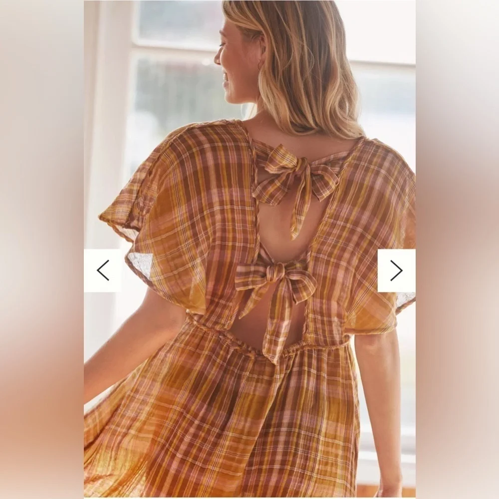 Anthropologie Plaid Mini Dress small cotton cottage core
